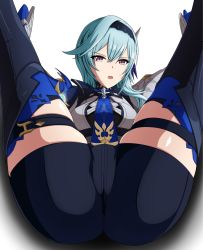 Rule 34 | 1girl, ass, blue hair, blue necktie, breasts, crotch, eula (genshin impact), genshin impact, hairband, leotard, looking at viewer, lying, makiri akira, necktie, on back, open mouth, simple background, spread legs, sweatdrop, thigh strap, thighhighs, white background