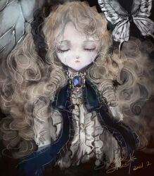 Rule 34 | 1girl, blonde hair, bow, bowtie, brooch, bug, butterfly, center frills, closed eyes, commentary request, cracked skin, doll, expressionless, facing viewer, frills, insect, jewelry, lolita fashion, long hair, original, pale skin, shirt, sketch, solo, sumire shisei, upper body, wavy hair, white shirt