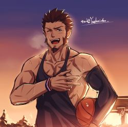 Rule 34 | 1boy, alternate costume, ball, bara, basketball, basketball (object), black tank top, blue eyes, blush, breath, brown hair, clothes pull, cross scar, facial hair, fate/grand order, fate (series), goatee, highres, long sideburns, looking at viewer, male focus, mature male, muscular, muscular male, napoleon bonaparte (fate), nipples, pectoral cleavage, pectorals, pulled by self, scar, scar on chest, shirt pull, short hair, sideburns, sidepec, sky, smile, solo, sunset, sweat, tank top, toned, toned male, upper body, yaekaidou