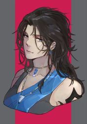 Rule 34 | 1girl, bare shoulders, black hair, black shirt, blue eyes, blue sash, braid, breasts, earrings, final fantasy, final fantasy xiii, grey background, highres, jewelry, long hair, looking at viewer, medium breasts, messy hair, necklace, nini tw99, oerba yun fang, parted bangs, pillarboxed, pink background, portrait, sash, shirt, shoulder tattoo, sleeveless, sleeveless shirt, solo, square enix, tattoo, upper body, wavy hair