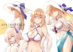 Rule 34 | 1girl, alternate costume, alternate hairstyle, bare shoulders, bikini, bikini under clothes, blue sarong, blush, breasts, brown hair, character name, cleavage, closed mouth, eyewear hang, unworn eyewear, girls&#039; frontline, green eyes, groin, hair between eyes, hair ribbon, hair rings, hand on headwear, hat, head tilt, highres, large breasts, long hair, long sleeves, looking at viewer, multiple views, navel, o-ring, o-ring bikini, o-ring top, off shoulder, official alternate costume, open mouth, ponytail, raguro, ribbon, sarong, see-through, shaded face, shirt, sidelocks, simple background, sitting, sleeves rolled up, smile, springfield (girls&#039; frontline), springfield (stirring mermaid) (girls&#039; frontline), stomach, sun hat, sunglasses, swimsuit, tied shirt, twintails, white background, white bikini, white shirt