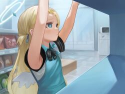 Rule 34 | 1girl, angel&#039;s 24 uniform (blue archive), aqua apron, aqua eyes, armpits, arms up, blonde hair, blue archive, convenience store, dokomon, forehead, halo, highres, indoors, long hair, looking ahead, neck ribbon, ribbon, shop, solo, sora (blue archive), striped ribbon, tile floor, tiles, up sleeve, upper body, very long hair, white wings, wings