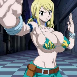 Rule 34 | 1girl, alternate breast size, bikini, bikini top only, blonde hair, bracelet, breasts, brown eyes, bursting breasts, cleavage, covered erect nipples, fairy tail, female focus, fighting stance, huge breasts, jewelry, large breasts, long hair, looking at viewer, lucy heartfilia, medium hair, serious, solo, swimsuit, third-party edit, ttrop, twintails, undersized clothes
