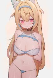 Rule 34 | 1girl, animal ear fluff, animal ears, arms behind back, belt collar, bikini, black collar, blonde hair, blue bikini, blue hair, breasts, cleavage, collar, dog ears, dog girl, fuwawa abyssgard, highres, hololive, hololive english, large breasts, long hair, looking at viewer, multicolored hair, navel, pink eyes, solo, streaked hair, swimsuit, szuukie, two side up, virtual youtuber, white background