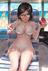 Rule 34 | 1boy, 2girls, ;d, absurdres, backlighting, beach, bikini, black hair, blue eyes, blue sky, blurry, blush, breasts, chair, cloud, collarbone, day, depth of field, dripping, food, front-tie bikini top, front-tie top, fruit, giving, glasses, hands up, highres, holding, ice cream, inflatable toy, innertube, looking at viewer, lounge chair, lying, medium breasts, mole, mole on breast, multiple girls, navel, ocean, on back, one eye closed, open mouth, original, outdoors, parted bangs, sarong, see-through, shade, shaved ice, shiny skin, short hair, sky, smile, solo focus, spoon, strawberry, swim ring, swimsuit, takebi, wet, white bikini, yellow bikini