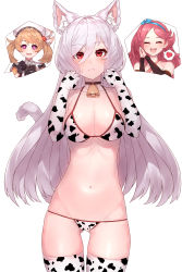 3girls, absurdres, animal ear fluff, animal ears, animal print, bangs, bare shoulders, bell, bikini, breasts, cat ears, cat girl, cat tail, cleavage, collar, collarbone, cow print, cowbell, cowboy shot, elbow gloves, eyebrows visible through hair, eyelashes, gloves, groin, hair between eyes, highres, juno (king&#039;s raid), king&#039;s raid, kirze, large breasts, long hair, looking at viewer, may (king&#039;s raid), multiple girls, no wings, print bikini, print gloves, print legwear, red eyes, silver hair, simple background, skindentation, solo focus, swept bangs, swimsuit, tail, thigh gap, thighhighs, thong bikini, white background, yu mochi (kamiinu)