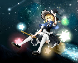 Rule 34 | 1girl, :d, apron, blonde hair, braid, broom, broom riding, capelet, collared shirt, hat, highres, holding, holding clothes, holding hat, kirisame marisa, long hair, mary janes, mountain, night, night sky, open mouth, panties, shirt, shoes, shooting star, single braid, sky, smile, solo, star (sky), star (symbol), starry sky, tendo (zhazhatiantong), thighhighs, touhou, underwear, vest, white panties, white thighhighs, witch hat, yellow eyes