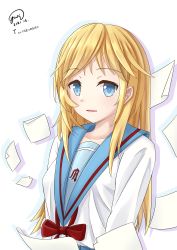 Rule 34 | 1girl, absurdres, blonde hair, blue eyes, blue sailor collar, collarbone, commentary request, dated, highres, kita high school uniform, long hair, long sleeves, looking at viewer, norbert, open mouth, paper, red ribbon, ribbon, sailor collar, school uniform, serafuku, signature, simple background, smile, solo, suzumiya haruhi no yuuutsu, t (suzumiya haruhi), translation request, upper body, white background