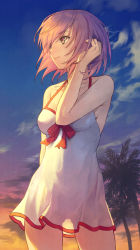 Rule 34 | 1girl, bare shoulders, beach, blue sky, breasts, collarbone, dress swimsuit, fate/grand order, fate (series), gradient sky, hair over one eye, hand in own hair, highres, large breasts, light purple hair, mash kyrielight, mash kyrielight (swimsuit of perpetual summer), official alternate costume, one-piece swimsuit, orange sky, palm tree, purple eyes, see-through silhouette, short hair, sky, smile, sunset, swimsuit, tesin (7aehyun), tree, twilight, white one-piece swimsuit