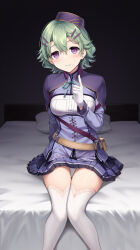 Rule 34 | 1girl, bed, belt, blush, breasts, brown belt, closed mouth, commentary request, commission, copyright request, dress, feet out of frame, female focus, gloves, green hair, green ribbon, hair between eyes, hair ornament, hairclip, henria, highres, large breasts, long sleeves, looking at viewer, musse egret, on bed, pillow, purple dress, purple eyes, purple headwear, ribbon, short hair, sitting, skeb commission, smile, solo, thighhighs, white gloves, white thighhighs