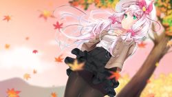 Rule 34 | 1girl, agnamore, autumn, autumn leaves, bad id, bad pixiv id, beret, black pantyhose, black skirt, blouse, blurry, blurry background, breasts, brown jacket, commentary request, copyright request, cowboy shot, day, depth of field, floating hair, green eyes, hair ornament, hair ribbon, hair scrunchie, hand up, hat, jacket, korean commentary, layered skirt, leaf, long hair, long sleeves, maple leaf, open clothes, open jacket, outdoors, pantyhose, pink hair, pink ribbon, pink scrunchie, pleated skirt, ribbed shirt, ribbon, scrunchie, shirt, skirt, sleeves past wrists, small breasts, solo, tree, very long hair, white hat, white shirt