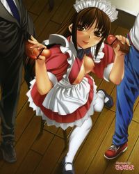 Rule 34 | 1girl, 2boys, apron, artist name, bar censor, blush, breasts, breasts out, brown eyes, brown hair, censored, handjob, highres, hiyohiyo, maid, maid apron, maid headdress, multiple boys, necktie, on chair, open clothes, open shirt, penis, shirt, shoes, sitting, solo focus, thighhighs, white thighhighs, wooden floor
