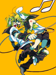 Rule 34 | 1boy, 1girl, bad id, bad pixiv id, belt, blonde hair, brother and sister, cable, closed eyes, hair ornament, hair ribbon, hairclip, headphones, kagamine len, kagamine rin, messy hair, midriff, musical note, necktie, open mouth, ribbon, short hair, siblings, simple background, tagu, twins, vocaloid