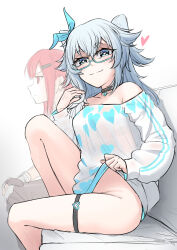 Rule 34 | 2girls, :3, bare shoulders, blue eyes, blue hair, choker, clothes lift, commentary, cz75 (girls&#039; frontline), english commentary, from side, girls&#039; frontline, hair ornament, heart, heart-shaped lock, heart-shaped pupils, heart print, highres, knee up, lifted by self, looking at viewer, messy hair, multiple girls, no pants, off-shoulder shirt, off shoulder, official alternate costume, pa-15 (girls&#039; frontline), pa-15 (marvelous yam pastry) (girls&#039; frontline), red eyes, red hair, senpaihawkkun, shirt, shirt lift, simple background, sitting, smile, symbol-shaped pupils, thigh strap, thighs, white background, white shirt