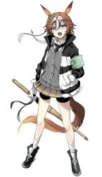 Rule 34 | 1girl, absurdres, animal ears, armband, bamboo memory (umamusume), bike shorts, black footwear, black necktie, boots, bow, brown hair, brown skirt, collared shirt, ear bow, full body, gloves, green eyes, hand in pocket, headband, high collar, highres, holding, holding sword, holding weapon, horse ears, horse girl, horse tail, iris league, jacket, long sleeves, looking at viewer, miniskirt, multicolored hair, necktie, open clothes, open jacket, open mouth, shinai, shirt, simple background, skirt, solo, sword, tail, teeth, two-tone hair, umamusume, v-shaped eyebrows, weapon, white background, white gloves