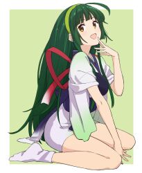 Rule 34 | 1girl, ahoge, arm support, border, commentary request, from side, full body, green background, green hair, green hairband, hairband, hand on own chin, hand up, highres, japanese clothes, kimono, leon (mikiri hassha), long hair, looking at viewer, looking to the side, muneate, no shoes, open mouth, outside border, short kimono, simple background, sitting, sleeves rolled up, smile, socks, solo, tasuki, touhoku zunko, voiceroid, wariza, white border, white kimono, white socks, yellow eyes