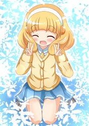 Rule 34 | 10s, 1girl, blonde hair, blush, cardigan, closed eyes, double v, hairband, highres, kise yayoi, necktie, open mouth, precure, school uniform, short hair, sitting, skirt, smile, smile precure!, solo, v, white hairband, xenon (for achieve)