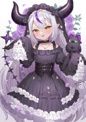 Rule 34 | 1girl, :p, absurdres, black horns, braid, braided bangs, crow (la+ darknesss), dress, fang, frilled dress, frills, gothic lolita, highres, hololive, horns, la+ darknesss, lolita fashion, miyamo (fumifumi no ura), multicolored hair, pointy ears, purple hair, single braid, skin fang, sleeves past fingers, sleeves past wrists, smile, streaked hair, striped horns, tongue, tongue out, virtual youtuber