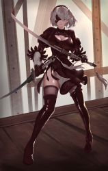 Rule 34 | 2b (nier:automata), black thighhighs, boots, breasts, cleavage, cleavage cutout, clothing cutout, covered eyes, dress, dual wielding, full body, grey hair, highres, holding, holding sword, holding weapon, leotard, memoirs, nier:automata, nier (series), solo, standing, sword, thigh boots, thighhighs, thighhighs under boots, turtleneck, turtleneck dress, weapon