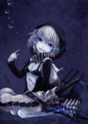 Rule 34 | 10s, 1girl, abyssal ship, breasts, female focus, grin, highres, hood, hooded jacket, jacket, kantai collection, pale skin, pointing, pointing at self, purple eyes, re-class battleship, ruu bot, scarf, silver hair, smile, solo, turret, underwater