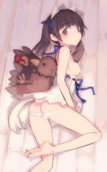 Rule 34 | 10s, 1girl, animal ears, ass, babydoll, barefoot, bird, black hair, blue ribbon, brave witches, breasts, butt crack, camisole, cat ears, cat tail, feet, floor, from above, georgette lemare, grey eyes, hair ribbon, legs, legs folded, lingerie, looking at viewer, lowleg, lowleg panties, lying, on floor, on side, panties, ribbon, shimada fumikane, sideboob, small breasts, soles, solo, strike witches, stuffed animal, stuffed toy, tail, twintails, underwear, underwear only, white panties, wooden floor, world witches series