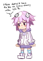 Rule 34 | &gt;:(, 10s, 1girl, arms at sides, blush, blush stickers, boots, d-pad, english text, frown, full body, ge-b, hair ornament, hood, hood down, hoodie, jealous, jitome, long sleeves, looking away, miniskirt, neptune (neptunia), neptune (series), pout, purple hair, short hair, simple background, sketch, skirt, solo, thighhighs, thought bubble, v-shaped eyebrows, white background, white footwear, yuri