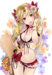 Rule 34 | 1girl, akatsuki hijiri, bikini, blonde hair, breasts, choker, cleavage, commentary request, cowboy shot, earrings, ereshkigal (fate), fate/grand order, fate (series), floral background, flower, frilled bikini, frills, hair flower, hair ornament, hat, heart pendant, holding, holding clothes, holding hat, infinity symbol, jewelry, large breasts, long hair, navel, necklace, open mouth, parted bangs, red choker, red eyes, red ribbon, ribbon, solo, sun hat, swimsuit, two-tone bikini, two side up, unworn hat, unworn headwear, white background