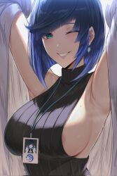 Rule 34 | 1girl, ;d, aqua eyes, areola slip, armpits, arms up, black sweater, blue hair, blush, breasts, diagonal bangs, diamond earrings, ear piercing, earrings, genshin impact, highres, jacket, jewelry, large breasts, looking at viewer, micchan (micchanmeido), mole, mole on breast, name tag, no bra, office lady, one eye closed, open mouth, piercing, ribbed sweater, short hair, sideboob, sleeveless, sleeveless sweater, smile, sweat, sweater, turtleneck, upper body, white jacket, yelan (genshin impact)
