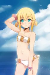Rule 34 | 10s, 1girl, :&lt;, aqua eyes, bandeau, bare shoulders, bikini, blonde hair, blush, bracelet, contrapposto, edna (tales), edna (water-averse girl) (tales), flat chest, groin, hair ribbon, jewelry, navel, official alternate costume, ribbon, short twintails, solo, standing, strapless, swimsuit, tales of (series), tales of zestiria, tube top, tusia, twintails