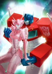 Rule 34 | 1boy, 1girl, autobot, couple, elita one, glowing, glowing eyes, good end, holding hands, hetero, insignia, leaning on person, mecha, optimus prime, redesign, robot, science fiction, spoilers, transformers, yhykurama