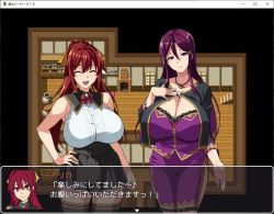 Rule 34 | 2girls, bakunyuu party, breasts, cleavage, hand on own chest, hand on own hip, huge breasts, japanese text, jewelry, looking at viewer, multiple girls, necklace, pixel art, purple hair, red hair, skirt, smile, takeda hiromitsu, thighhighs, video game