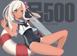 Rule 34 | 10s, 1girl, aosora kamiya, bare legs, bare shoulders, blonde hair, blue eyes, character name, hair between eyes, hair ornament, kantai collection, lifebuoy, one-piece tan, open mouth, ro-500 (kancolle), school swimsuit, simple background, solo, swim ring, swimsuit, swimsuit under clothes, tan, tanline, torpedo