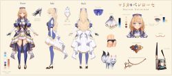 Rule 34 | 1girl, absurdres, ahoge, ass, bad id, bad twitter id, black panties, blonde hair, blue dress, blue eyes, blue ribbon, blue thighhighs, blush, book, bow, braid, brooch, buttons, character name, character sheet, clock, collared shirt, color guide, commentary, crown braid, dress, english commentary, fox, frills, from behind, from side, full body, gloves, hair ribbon, half updo, highres, jewelry, logo, long hair, long sleeves, looking at viewer, lunacle, marica bellerose, mechanical hands, metal, mole, mole under eye, multiple views, myholo tv, official art, panties, ponytail, prosthesis, prosthetic hand, puffy short sleeves, puffy sleeves, ribbon, second-party source, shirt, short sleeves, simple background, single mechanical hand, smile, standing, strap, thighhighs, underwear, virtual youtuber, white background, white bow, white shirt
