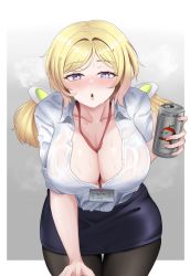 Rule 34 | 1girl, :o, absurdres, aki rosenthal, beer can, between breasts, black pantyhose, blonde hair, blue skirt, blush, bra visible through clothes, breasts, can, cleavage, collarbone, collared shirt, cowboy shot, detached hair, drink can, drunk, hair intakes, highres, hololive, id card, lanyard, large breasts, leaning forward, long hair, looking at viewer, office lady, outside border, pantyhose, parted bangs, partially unbuttoned, pencil skirt, purple eyes, see-through, shirt, shirt tucked in, simple background, skirt, solo, sweat, thanaphondeech1, thigh gap, twintails, virtual youtuber, wet, wet clothes, wet shirt, white shirt