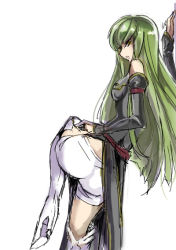 Rule 34 | 1girl, against wall, ass, bad id, bad pixiv id, boots, c.c., code geass, detached sleeves, from behind, green hair, high heel boots, high heels, leaning, long hair, shida (xwheel), shorts, side slit, solo, thigh boots, thighhighs, yellow eyes