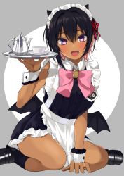 Rule 34 | 1girl, apron, black dress, black wings, blush, bow, dark-skinned female, dark skin, dress, gomashi (goma), hair between eyes, highres, looking at viewer, low wings, maid, open mouth, original, pink bow, pink neckwear, purple eyes, short hair, simple background, sitting, solo, tray, two-tone background, waist apron, wariza, white apron, wings