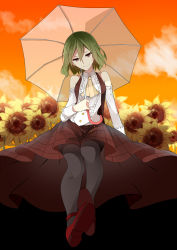 Rule 34 | 1girl, adapted costume, ankleband, ascot, black pantyhose, collared shirt, detached sleeves, closed eyes, flower, freeze (867139), green hair, highres, holding, holding umbrella, kazami yuuka, looking at viewer, pantyhose, plaid, plaid skirt, plaid vest, red eyes, red footwear, shirt, shoes, short hair, skirt, sleeveless, smile, solo, sunflower, sunset, touhou, transparent, transparent umbrella, umbrella, vest, white shirt