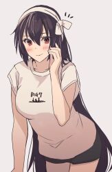 Rule 34 | 1girl, alternate costume, black hair, black shorts, casual, commentary request, cowboy shot, hairband, highres, kantai collection, kasumi (skchkko), leaning forward, long hair, nagato (kancolle), red eyes, ribbon, shirt, shorts, solo, standing, t-shirt, very long hair, white background, white hairband, white ribbon, white shirt