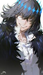 Rule 34 | 1boy, black hair, blue eyes, cloak, collared shirt, crown, eyes visible through hair, fate/grand order, fate (series), grin, hair between eyes, highres, looking at viewer, male focus, medium hair, oberon (fate), oberon (third ascension) (fate), shirt, simple background, smile, solo, spoilers, srro yo, upper body, white background, white shirt