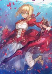 Rule 34 | 10s, 1girl, aestus estus, ahoge, armor, armored boots, blonde hair, blush, boots, breasts, chocoan, cleavage, cleavage cutout, closed mouth, clothing cutout, dress, epaulettes, fate/extra, fate (series), green eyes, hair intakes, hair ribbon, holding, holding sword, holding weapon, juliet sleeves, long sleeves, looking at viewer, medium breasts, nero claudius (fate), nero claudius (fate) (all), nero claudius (fate/extra), petals, puffy sleeves, red dress, ribbon, smile, solo, sword, underwater, weapon