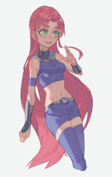 Rule 34 | 1girl, absurdres, armband, bare shoulders, belt, blue skirt, blue thighhighs, dc comics, fingernails, green eyes, grey background, highres, long hair, max-k, midriff, navel, open mouth, red hair, signature, simple background, skindentation, skirt, smile, solo, starfire, teen titans, teeth, thighhighs, tongue, turtleneck, upper teeth only, vambraces, very long hair