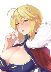 Rule 34 | 1girl, ahoge, artoria pendragon (fate), artoria pendragon (lancer) (fate), befe, blonde hair, blue dress, blush, braid, braided bun, breasts, cape, cleavage, dress, fate/grand order, fate (series), french braid, fur-trimmed cape, fur trim, gold trim, hair between eyes, hair bun, highres, large breasts, looking at viewer, nose blush, one eye closed, open mouth, oral invitation, red cape, shrug (clothing), sidelocks, solo, white background, yellow eyes