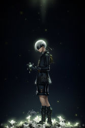 Rule 34 | 1boy, blindfold, boots, dark background, flower, gloves, light, lisa buijteweg, looking down, male focus, nier (series), nier:automata, shorts, silver hair, solo, standing, 9s (nier:automata)