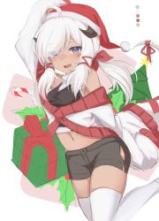 Rule 34 | 1girl, :d, absurdres, bare shoulders, blush, candy, candy cane, christmas present, christmas tree, color guide, commentary, english commentary, fang, food, fur-trimmed headwear, fur trim, gift, grey shorts, haira (klaius), hat, highres, horns, jacket, klaius, long sleeves, looking at viewer, midriff, navel, off shoulder, open mouth, original, purple eyes, red hat, ribbon, santa hat, short shorts, shorts, sketch, skin fang, sleeves past fingers, sleeves past wrists, smile, solo, tail, tail ornament, tail raised, tail ribbon, thighhighs, white hair, white jacket, white thighhighs