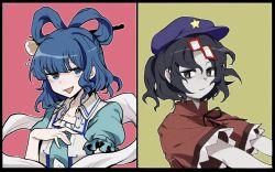 Rule 34 | 2girls, black border, black eyes, black hair, black neckwear, black ribbon, blue dress, blue eyes, blue hair, border, cabbie hat, chinese clothes, closed mouth, collared vest, dress, hair ornament, hair rings, hair stick, hat, hat ornament, highres, jiangshi, kaku seiga, ladenaku, looking at viewer, medium hair, miyako yoshika, multiple girls, ofuda, open clothes, open mouth, open vest, outstretched arms, pink background, puffy short sleeves, puffy sleeves, purple headwear, red shirt, ribbon, shirt, short hair, short sleeves, simple background, star (symbol), star hat ornament, tangzhuang, touhou, two-tone background, upper body, vest, white vest, yellow background, zombie pose