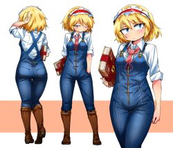 Rule 34 | 1girl, adapted costume, alice margatroid, ass, blonde hair, blue eyes, blue overalls, blush, book, boots, breasts, brown footwear, closed mouth, collared shirt, commentary request, denim, expressionless, frilled hairband, frilled necktie, frills, full body, grimoire of alice, hair between eyes, hairband, hand in own hair, holding, holding book, long bangs, looking at viewer, medium breasts, multiple views, necktie, one eye closed, overalls, pink background, pink necktie, red hairband, shimizu pem, shirt, short hair, sleeves rolled up, standing, touhou, two-tone background, white background, white shirt