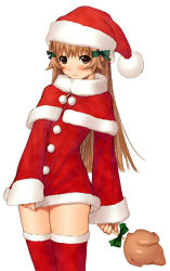 Rule 34 | 00s, 1girl, angry, bird, blush, brown eyes, brown hair, capelet, chicken, chicken (food), christmas, covering privates, covering crotch, food, long hair, non-web source, panties, petite, re mii, santa costume, shirt tug, solo, thighhighs, tony taka, underwear, zoids, zoids genesis