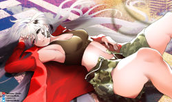 Rule 34 | 1girl, alpha (punishing: gray raven), arm at side, arm on own head, armpits, black tank top, blouse, breasts, full body, grey eyes, hair between eyes, hair ornament, highres, long hair, long sleeves, looking to the side, lucia: crimson abyss (punishing: gray raven), lying, mecha musume, medium breasts, midriff, navel, on back, open clothes, open mouth, open shirt, punishing: gray raven, red eyes, red shirt, shirt, shorts, solo, takizawamaku, tank top, thighs, tile floor, tiles, underwear, very long hair, white hair