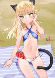 Rule 34 | 1girl, animal ears, aohashi ame, beach, bikini, blonde hair, blush, breasts, cat ears, cat tail, closed mouth, collarbone, hermit crab, highres, long hair, looking at viewer, navel, perrine h. clostermann, shiny skin, sitting, slingshot swimsuit, small breasts, smile, strike witches, swimsuit, tail, underboob, world witches series, yellow eyes