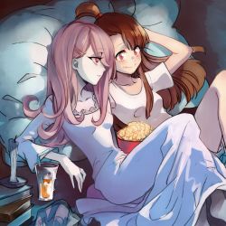 Rule 34 | 10s, 2girls, bed, book, breasts, brown hair, candle, chemise, cup, drinking glass, drinking straw, eyeshadow, food, hair ornament, hair over one eye, hairclip, indoors, kagari atsuko, leila (yurisouls), little witch academia, long hair, makeup, multiple girls, pale skin, pillow, popcorn, purple hair, red eyes, shirt, short ponytail, small breasts, smile, sucy manbavaran, yuri